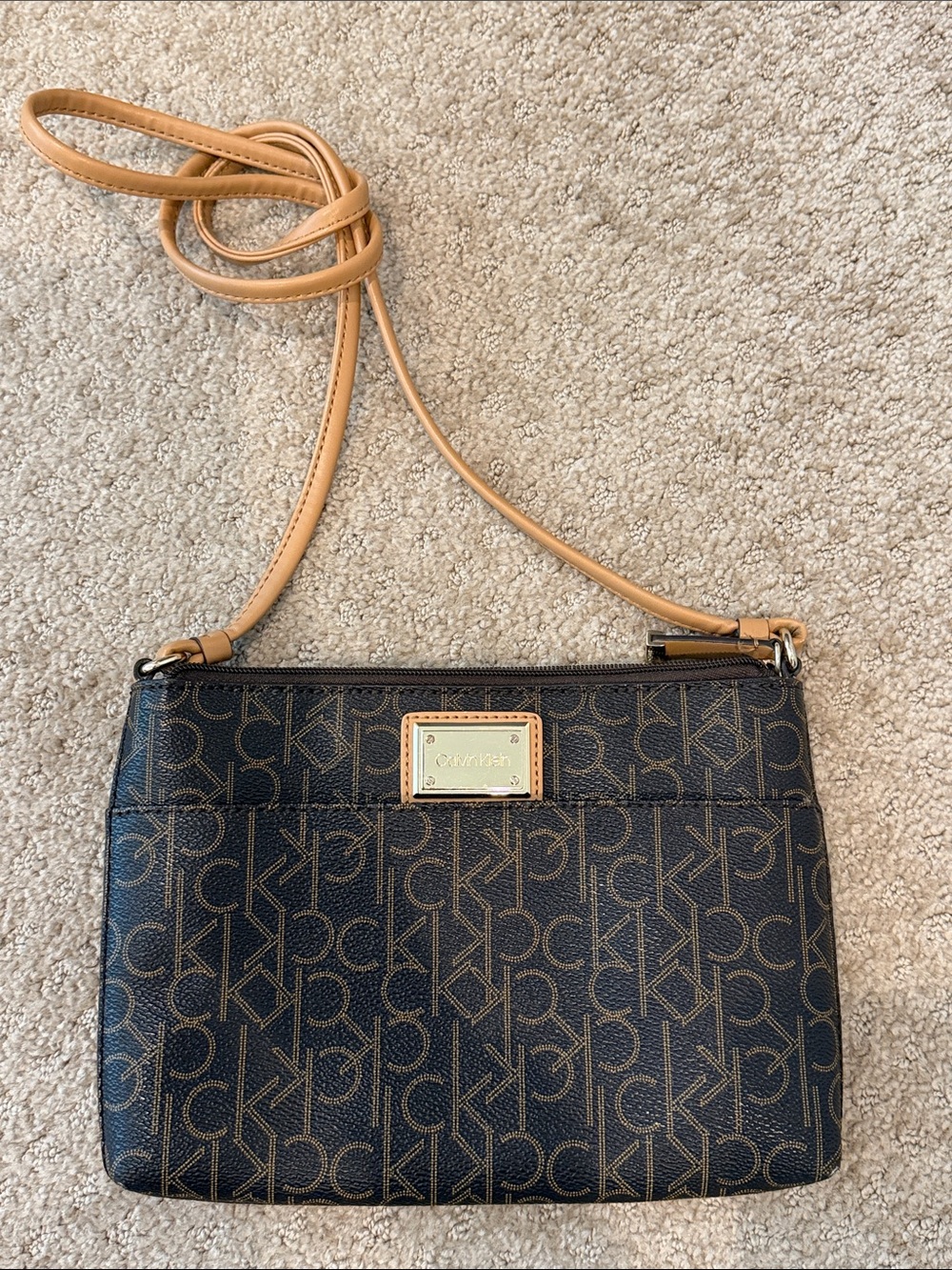 Calvin Klein Dark Brown Monogram Crossbody with Tan Strap